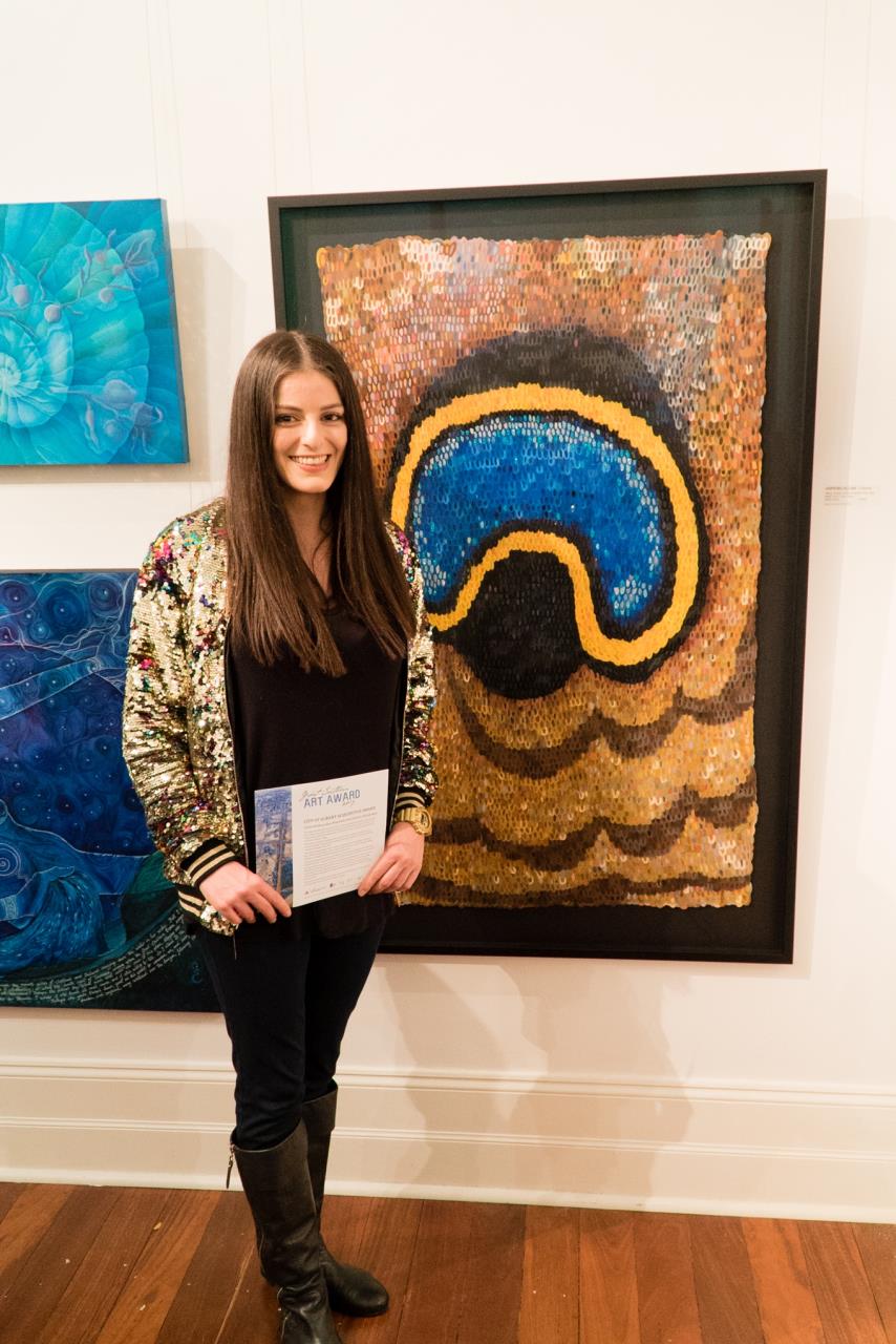 2017 City Of Albany Acquisitive Award winner - Chelsea Hopkins-Allan with her winning artwork" Wing Scales of the Southern Old Lady Moth" - Mixed media on paper.